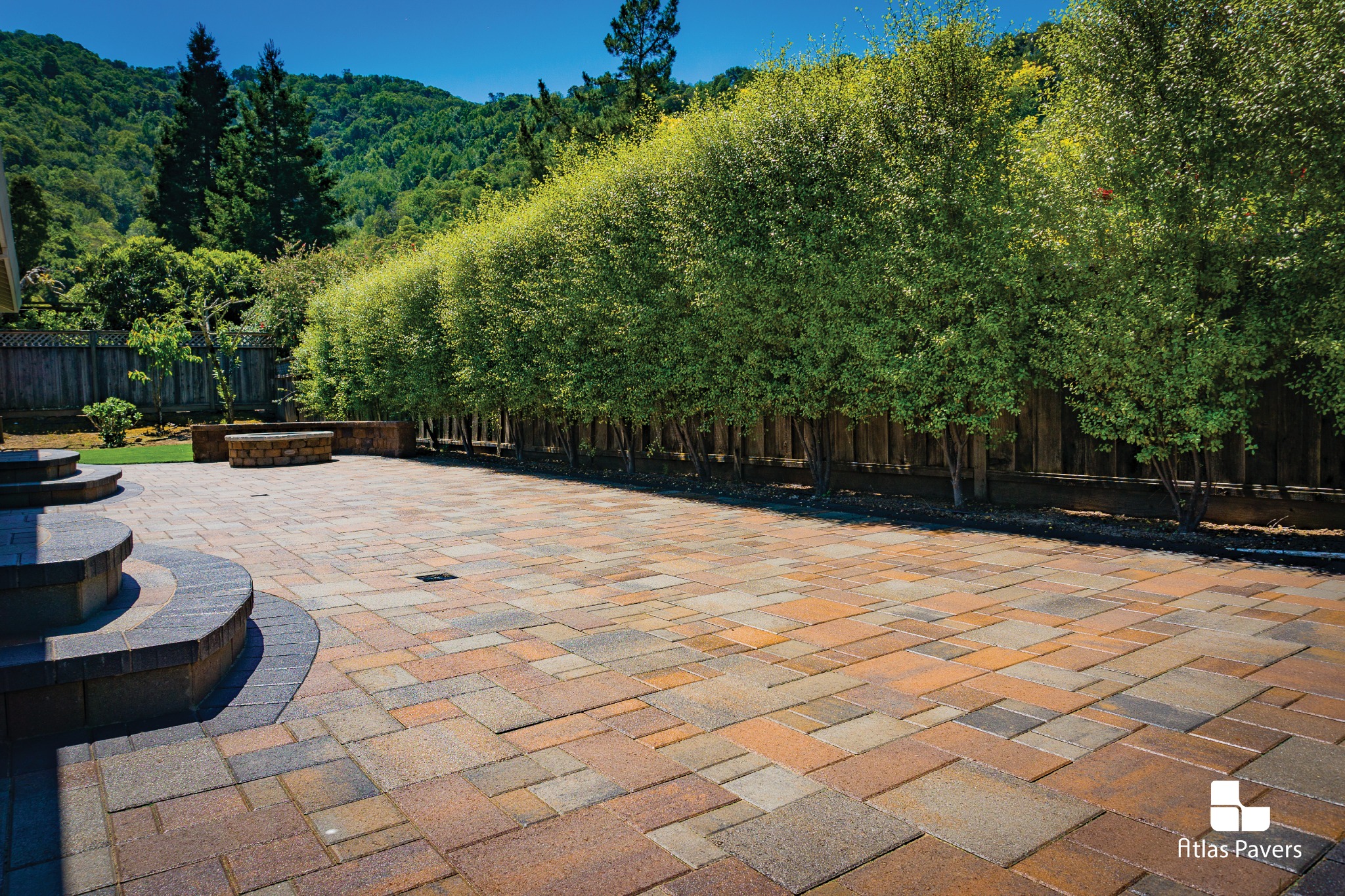 Atlas Pavers spacious patio with steps and bamboo landscaping